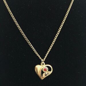 Vintage 18K Gold Tone Heart Necklace With Flower Red Faceted Rhinestone 18" Long